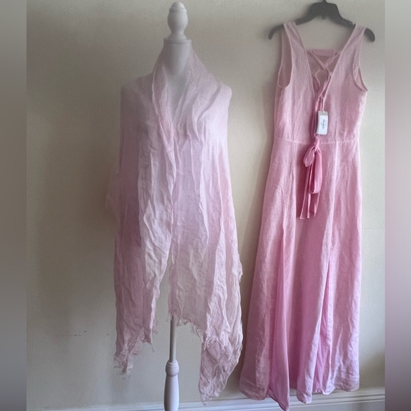 NWT $240.00 120% Lino Made Italy Pink Scarf Wrap Natural Luxury - Picture 8 of 11